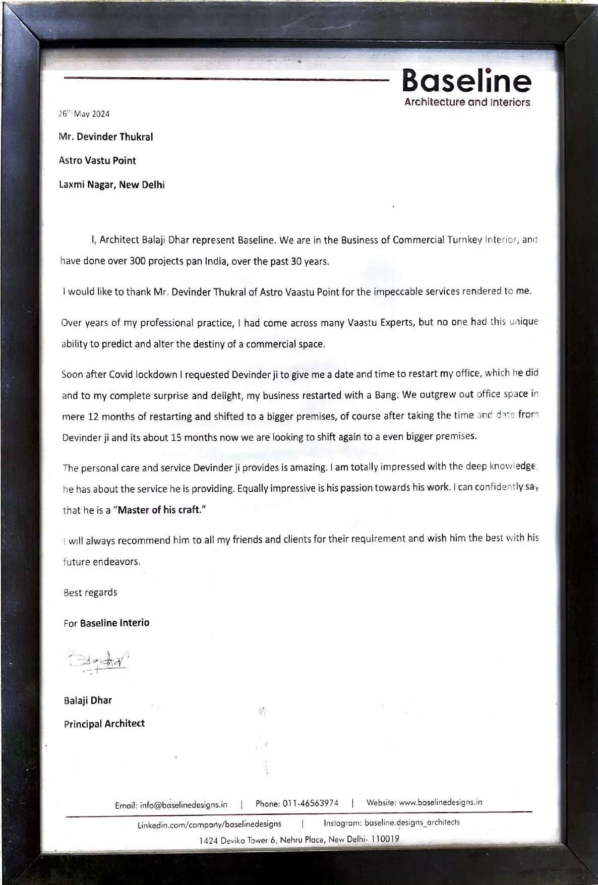 Testimonial letter from Balaji Dhar of Baseline Architecture and Interiors