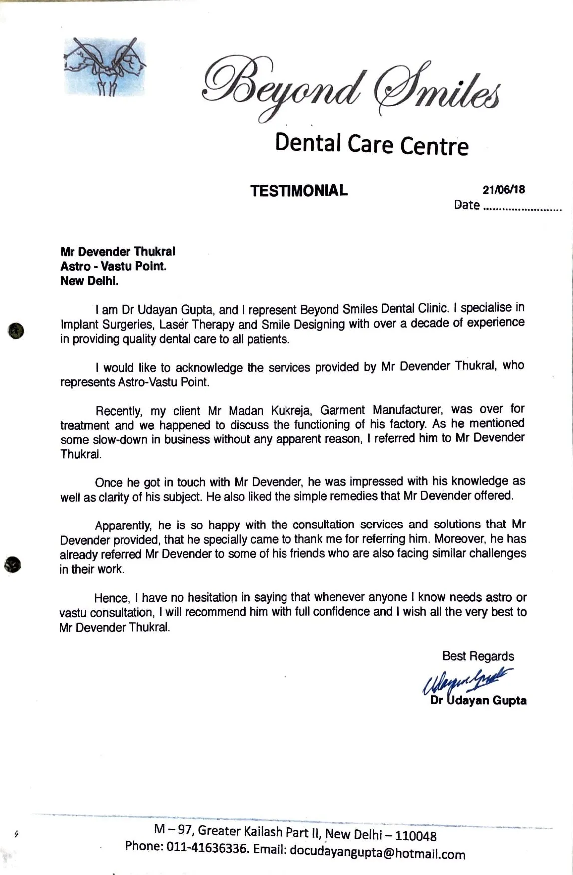 Testimonial letter from Dr Udayan Gupta of Beyond Smiles Dental Clinic