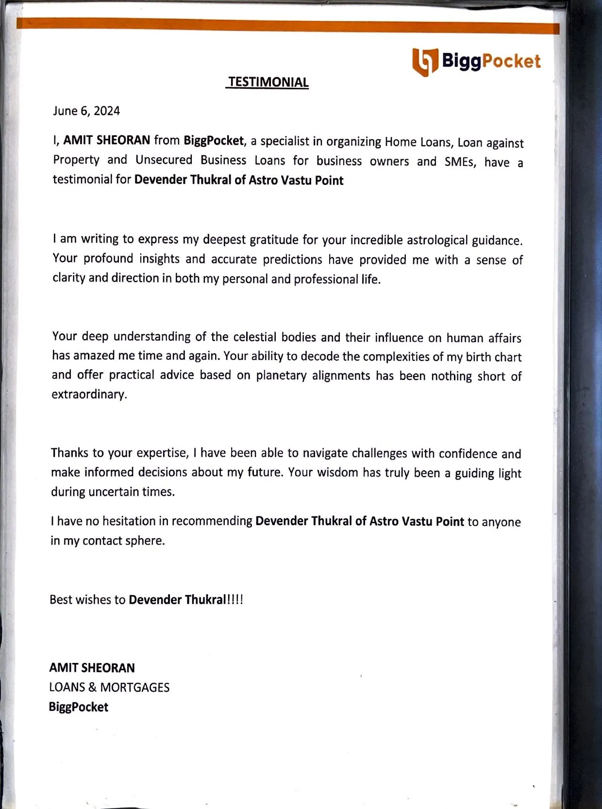 Testimonial letter from Amit Sheoran of BiggPocket