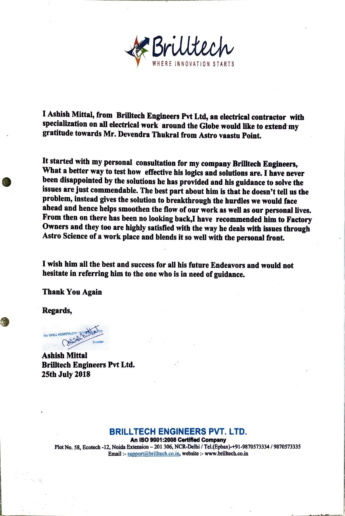 Testimonial letter from Ashish Mittal of Brilltech Engineers Pvt Ltd