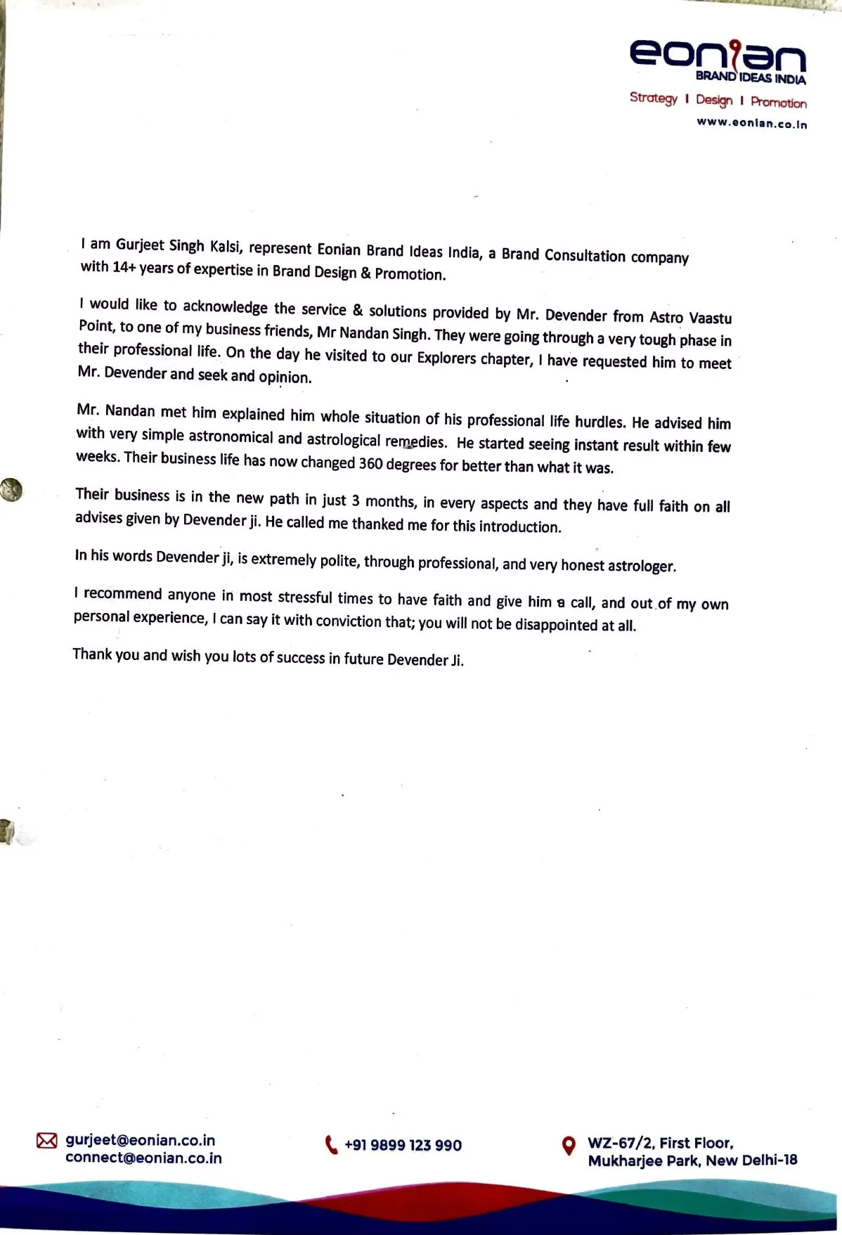 Testimonial letter from Gurjeet Singh Kalsi of Eonian Brand Ideas India