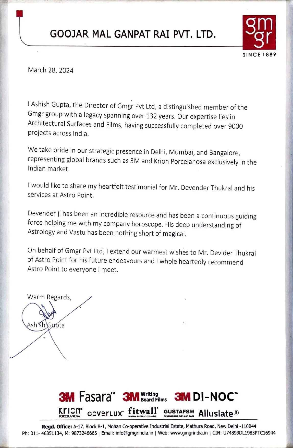 Testimonial letter from Ashish Gupta of Goojar Mal Ganpat Rai Pvt Ltd