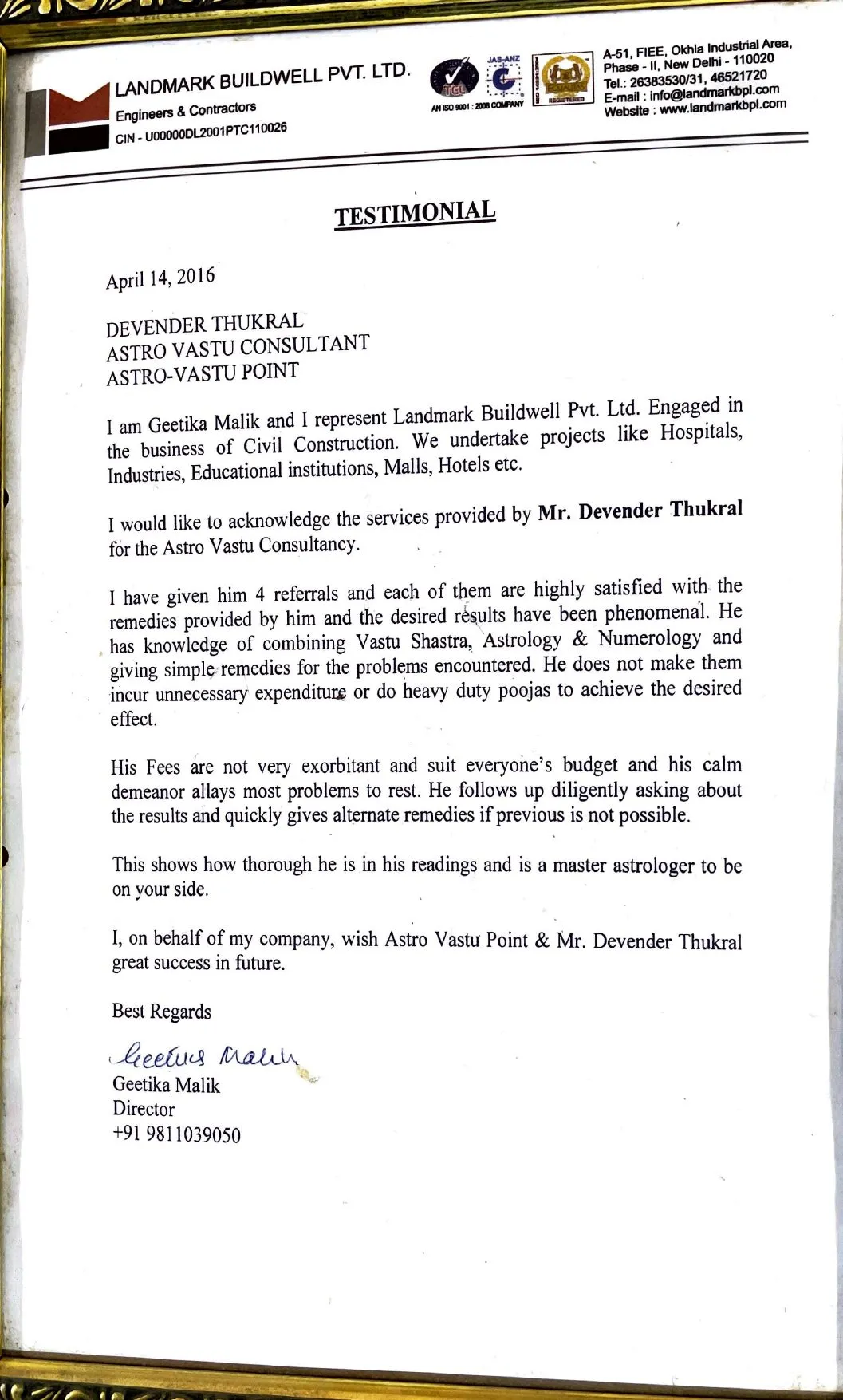 Testimonial letter from Geetika Malik of Landmark Buildwell Pvt Ltd