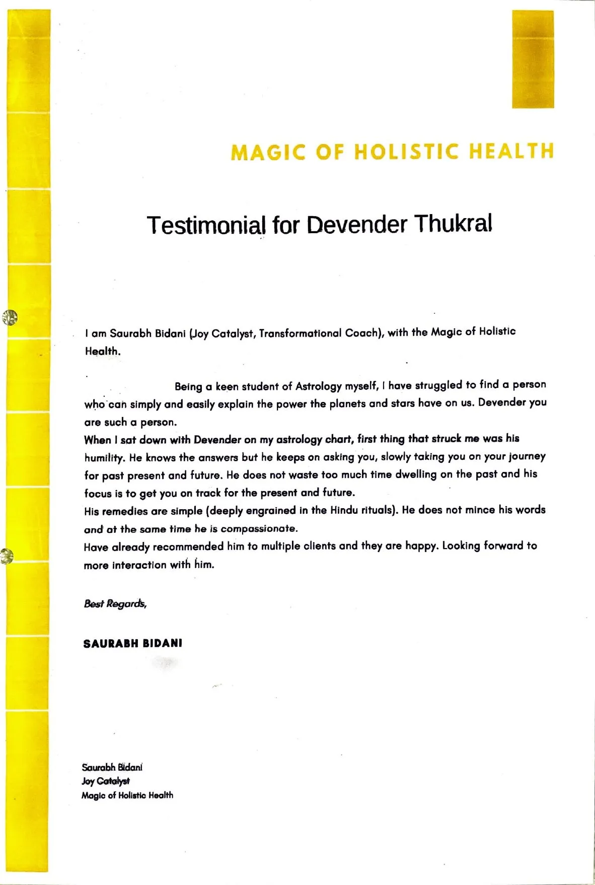 Testimonial letter from Saurabh Bidani of Magic of Holistic Health