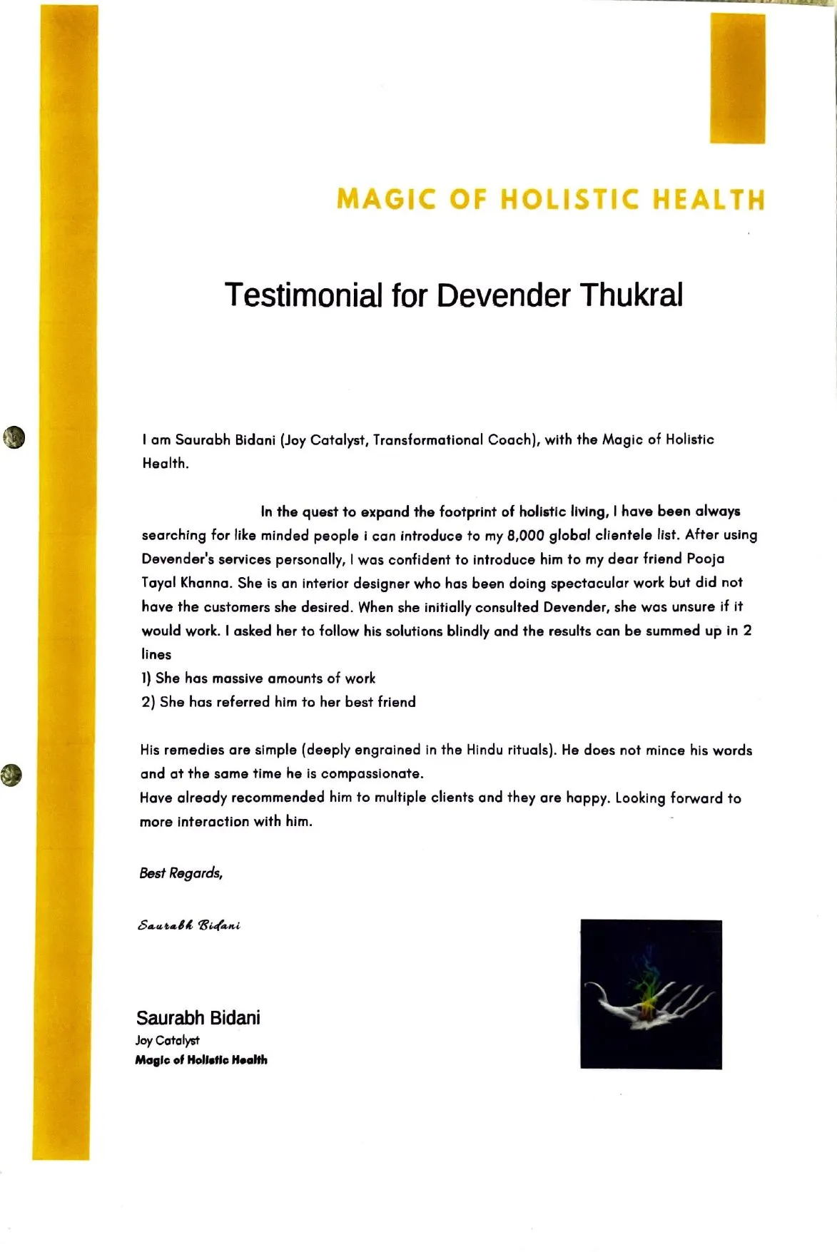 Testimonial letter from Saurabh Bidani of Magic of Holistic Health
