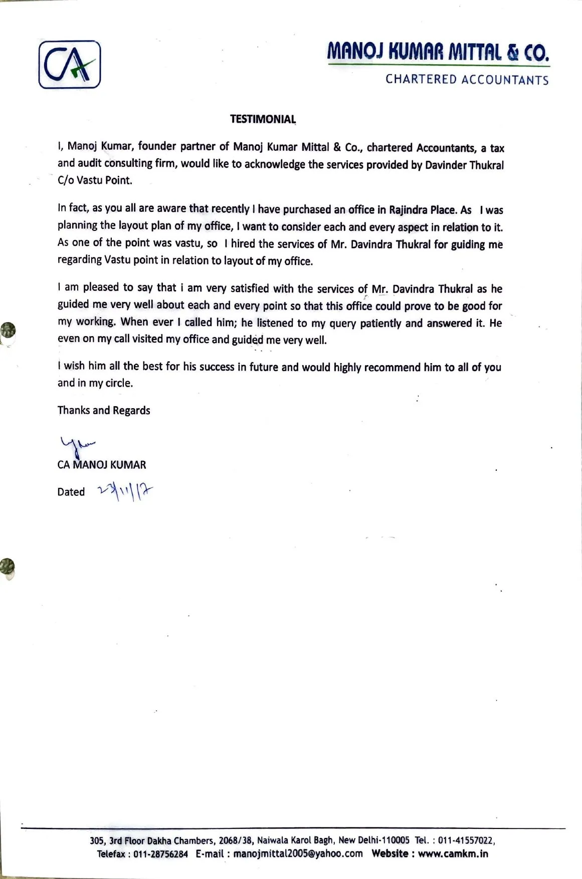 Testimonial letter from Manoj Kumar of Manoj Kumar Mittal & Co, Chartered Accountants