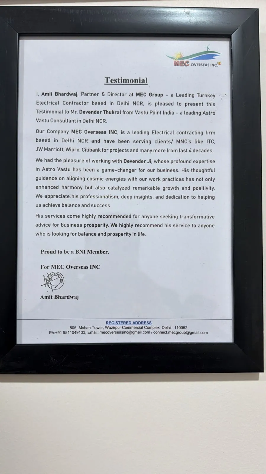 Testimonial letter from Amit Bhardwaj of MEC Overseas Inc