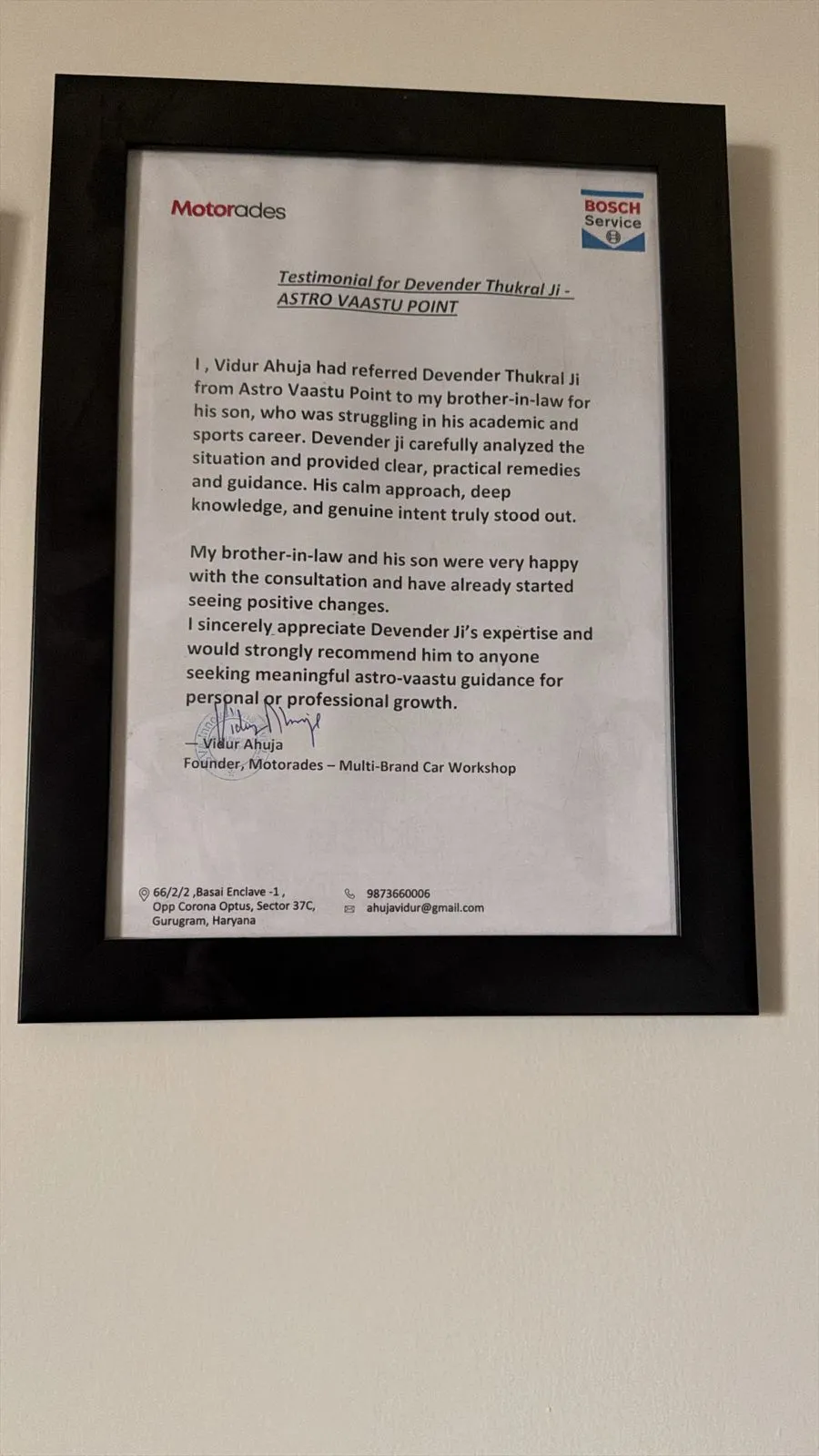 Testimonial letter from Vidur Ahuja of Motorades