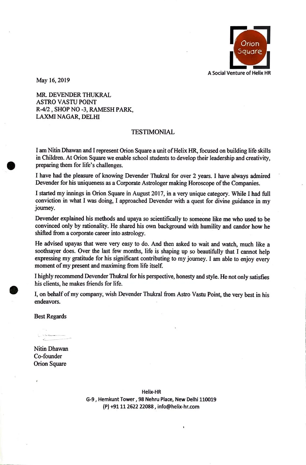 Testimonial letter from Nitin Dhawan of Orion Square, a unit of Helix HR