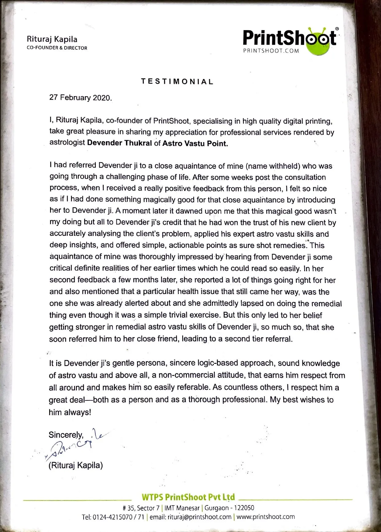 Testimonial letter from Rituraj Kapila of PrintShoot