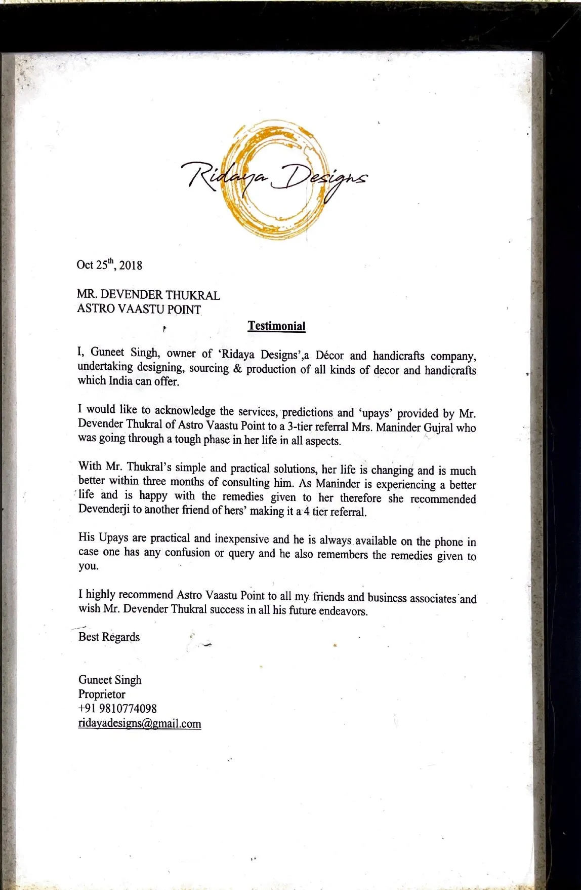 Testimonial letter from Guneet Singh of Ridaya Designs