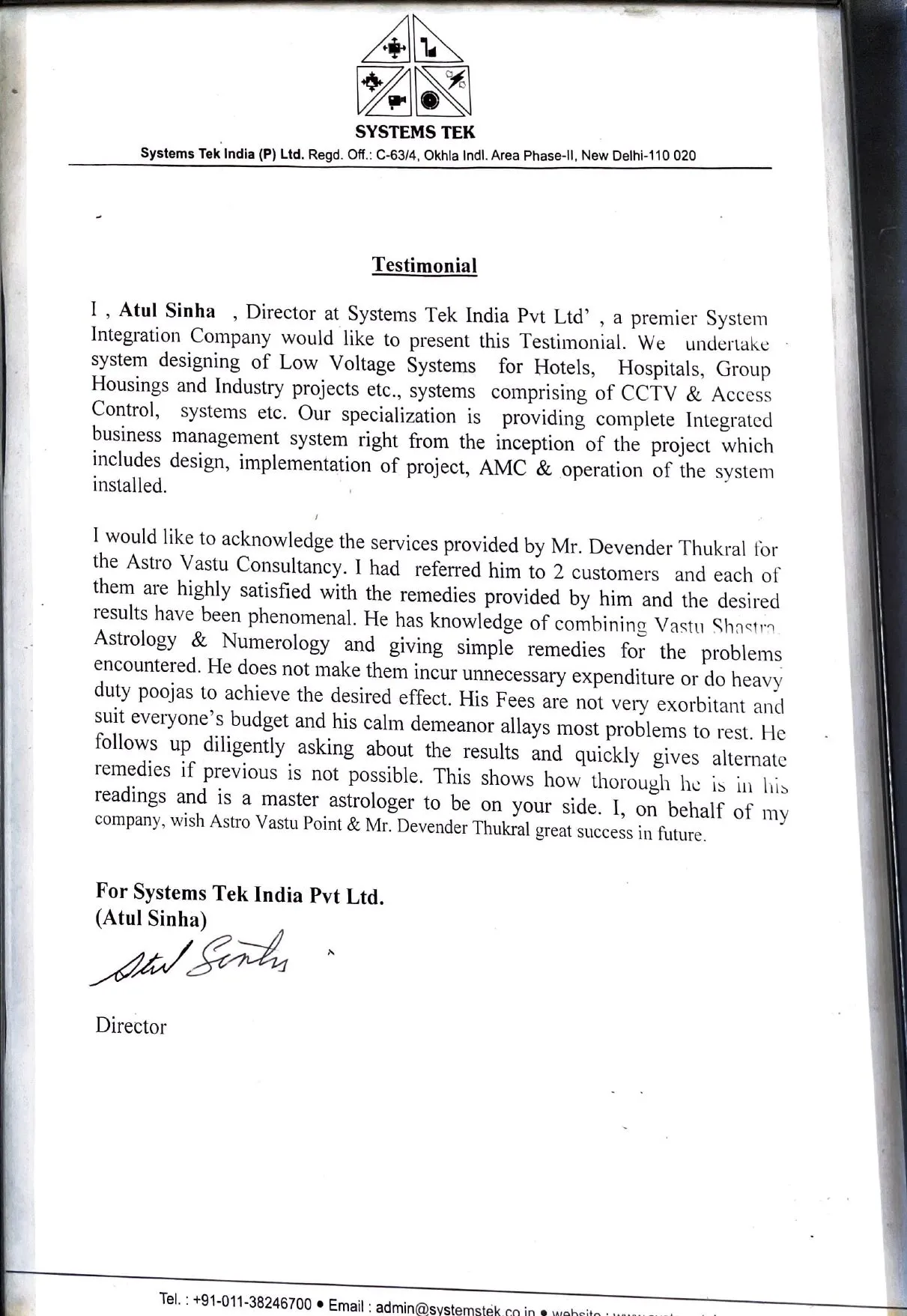 Testimonial letter from Atul Sinha of Systems Tek India Pvt Ltd