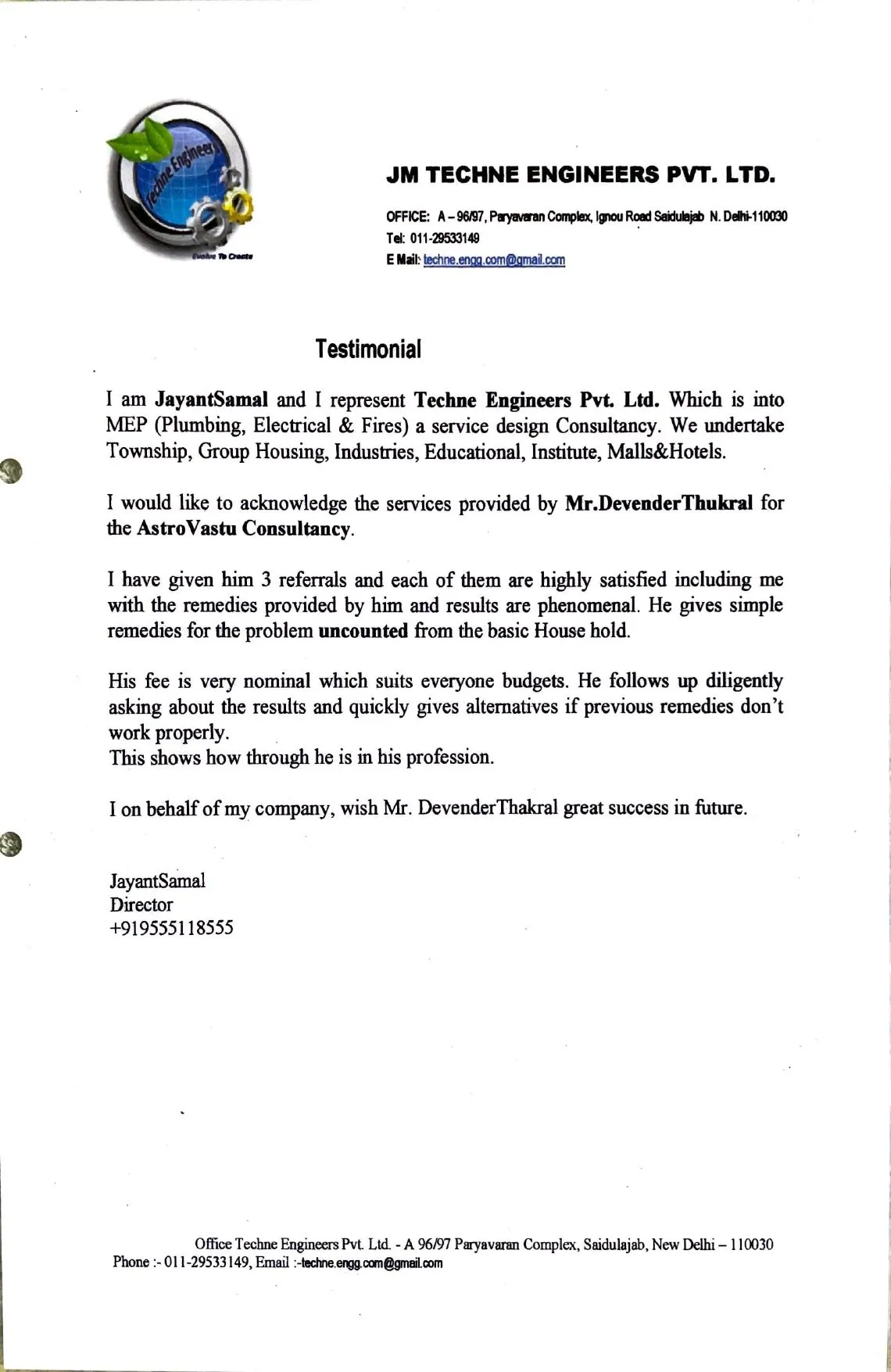 Testimonial letter from Jayant Samal of Techne Engineers Pvt Ltd