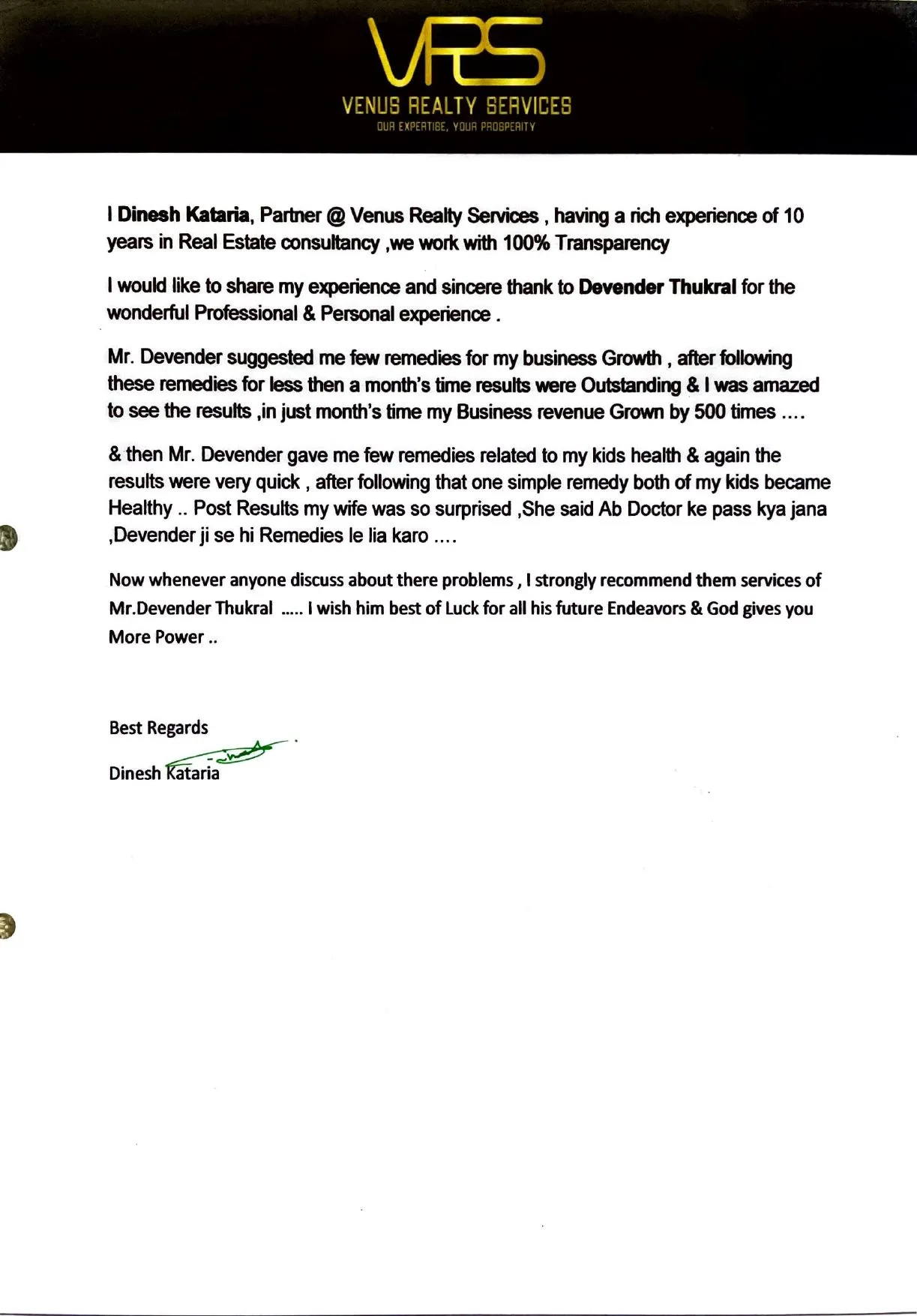 Testimonial letter from Dinesh Kataria of Venus Realty Services