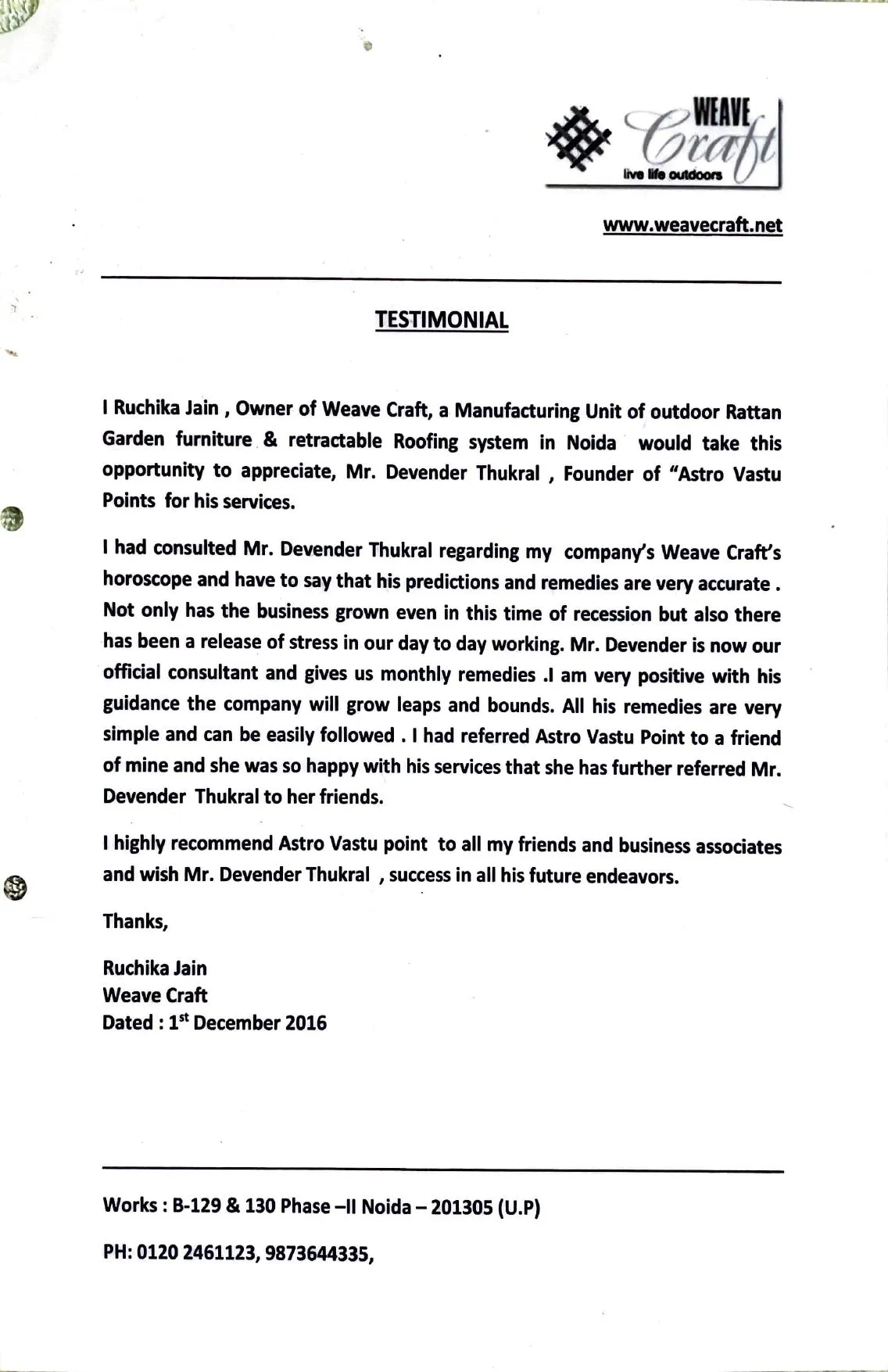 Testimonial letter from Ruchika Jain of Weave Craft