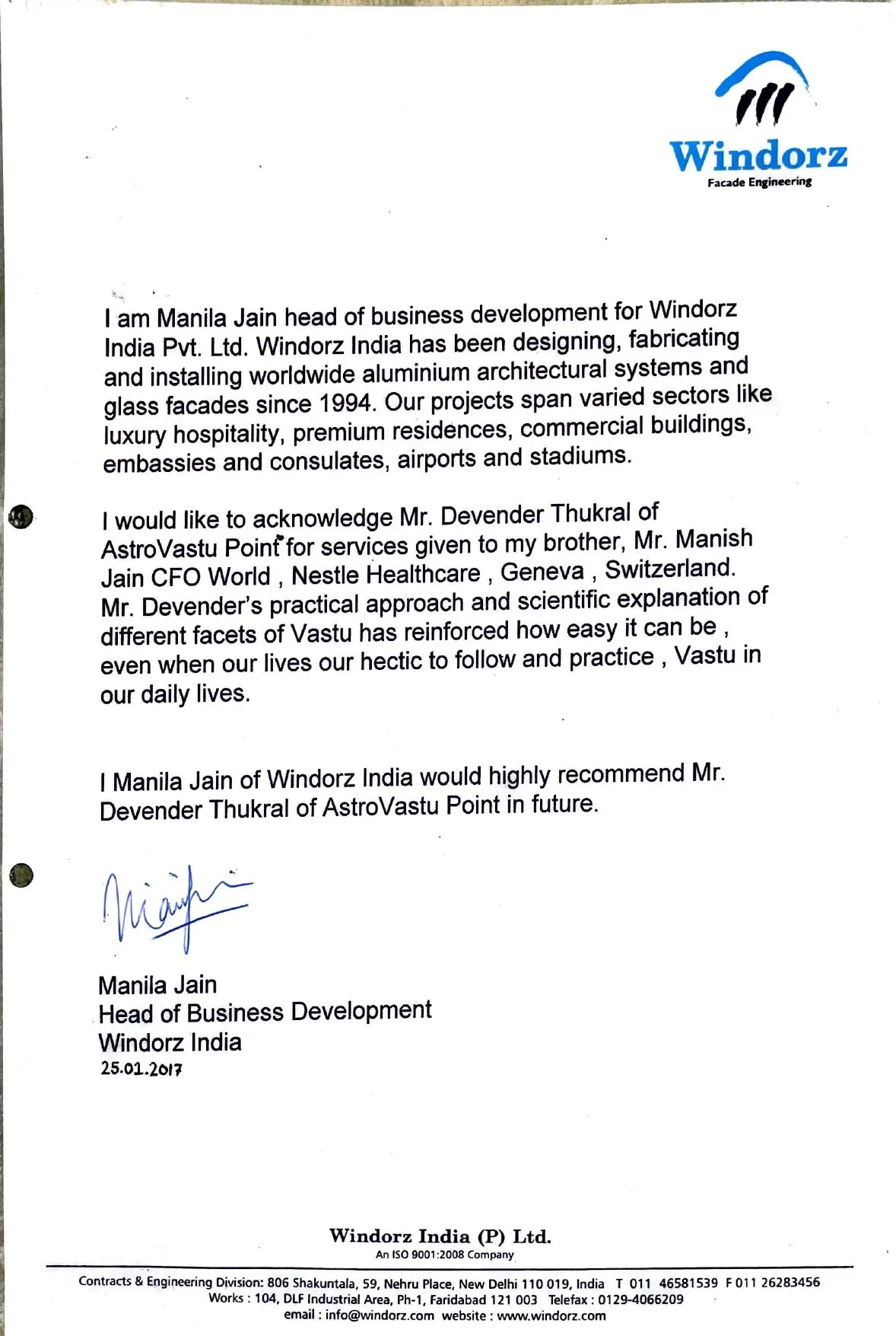 Testimonial letter from Manila Jain of Windorz India Pvt Ltd